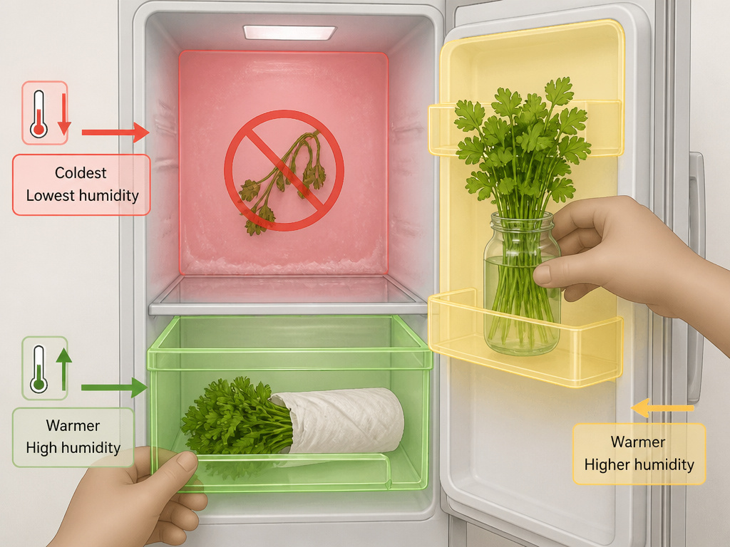 Diagram showing optimal refrigerator zones for storing hardy and tender fresh herbs.