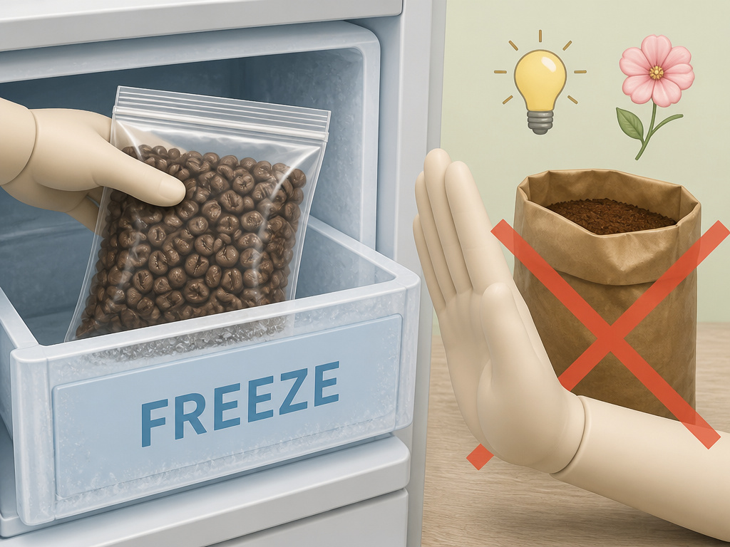 Cartoon diagram showing which coffee types to freeze or avoid for freshness.