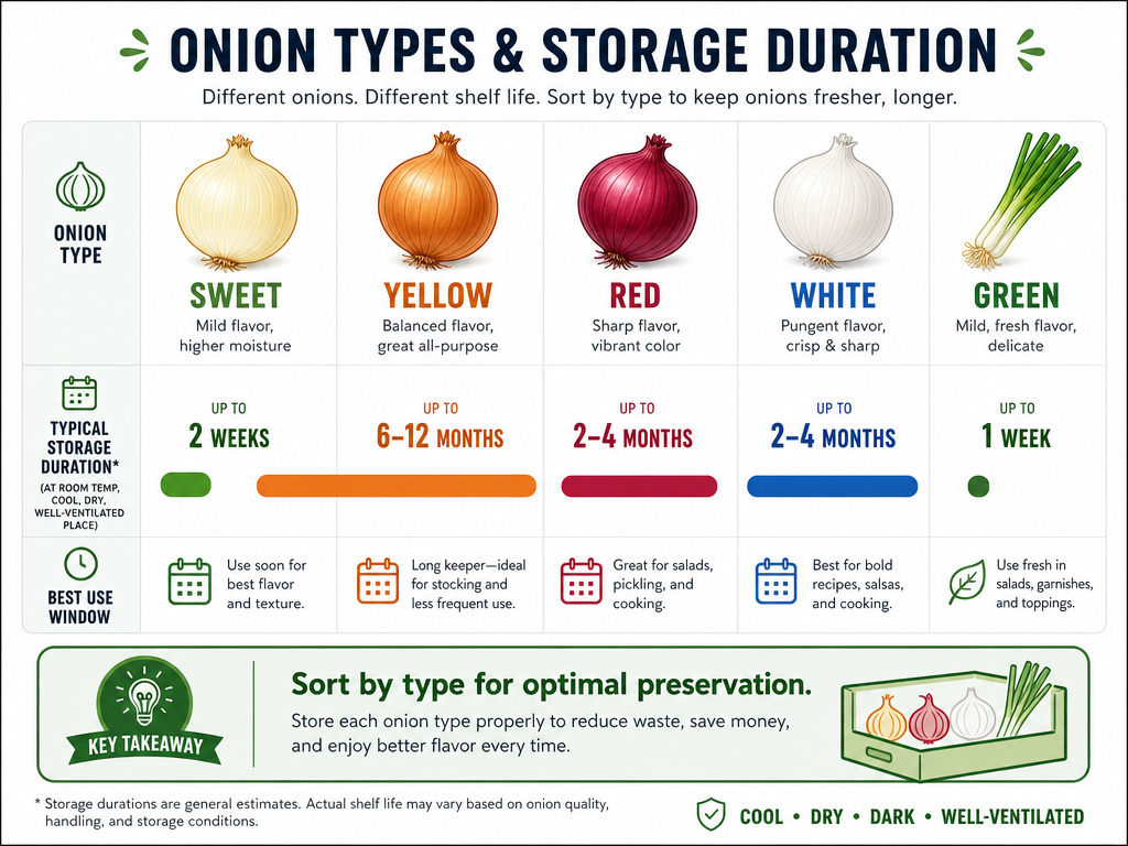 Comparison chart showing storage duration for sweet, yellow, red, white, and green onions.