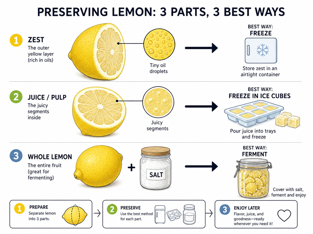 Diagram showing how to preserve lemon zest, juice, and whole fruit differently.