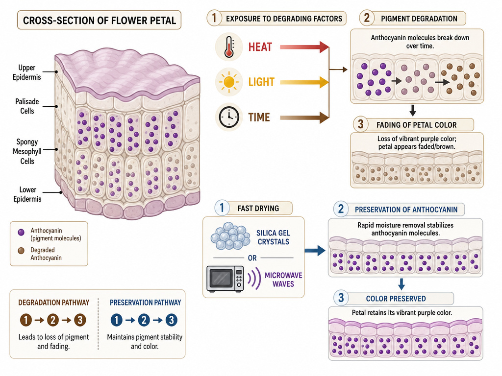 Diagram showing how fast drying preserves flower pigment versus fading factors.