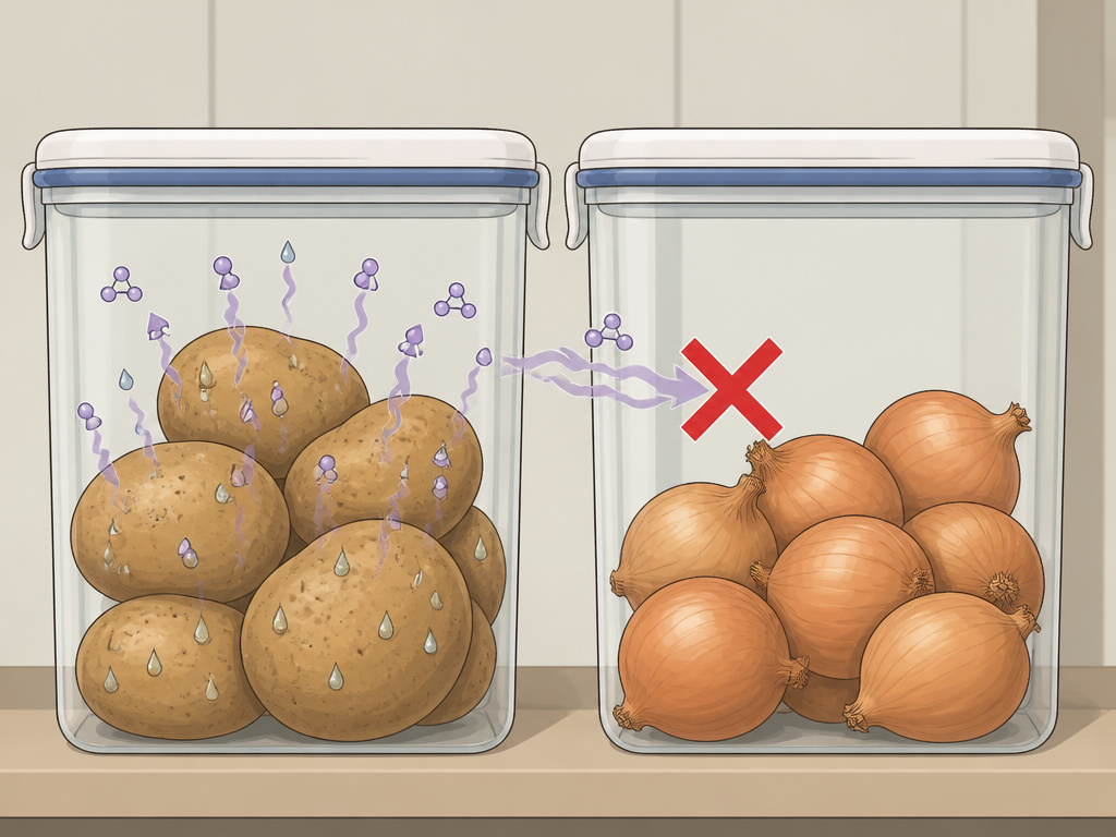 Cartoon diagram showing why onions and potatoes must be stored in separate sealed containers.