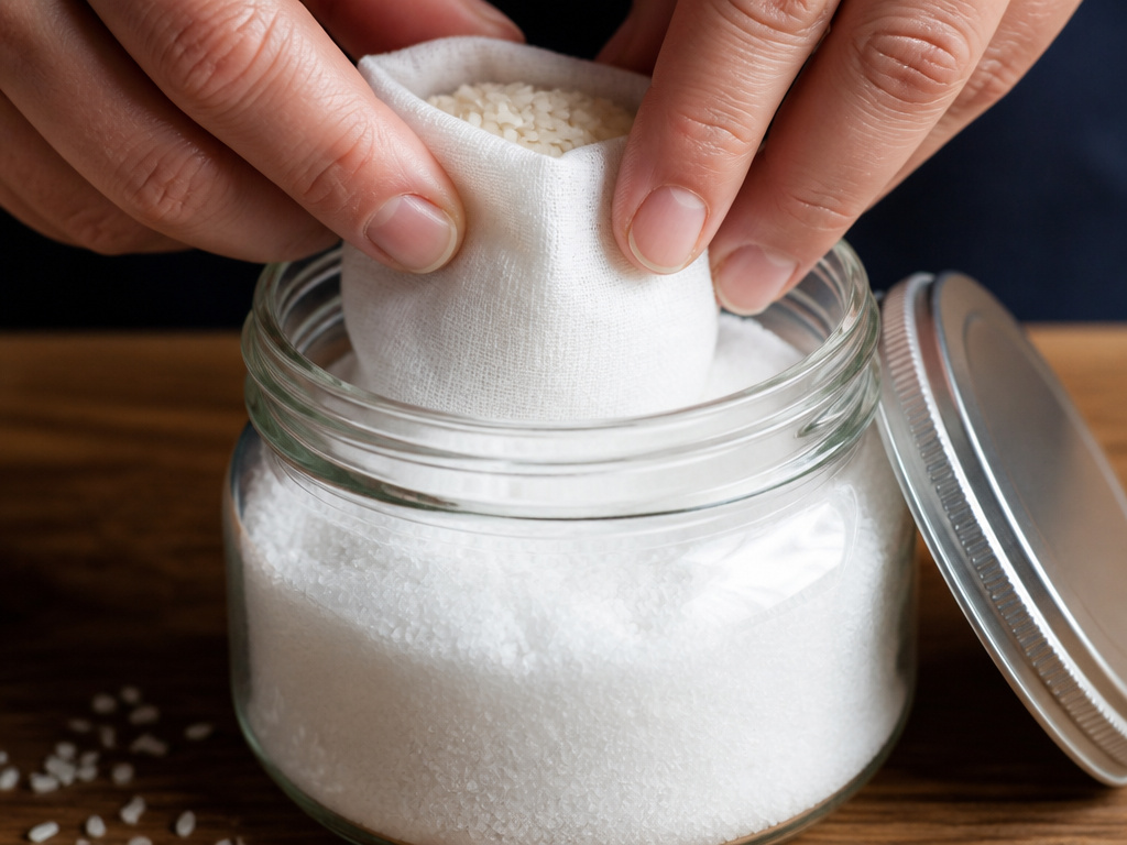 Using a cloth rice bag as a desiccant to store salt long term.