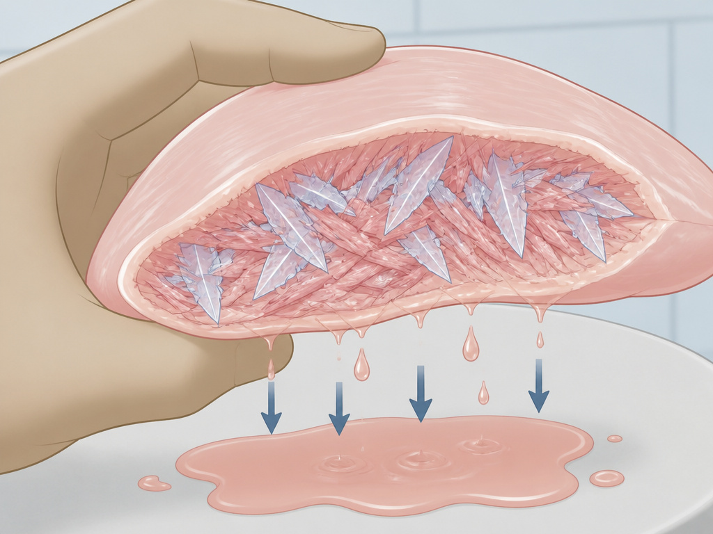 Diagram of ice crystal damage in refrozen chicken causing moisture loss.