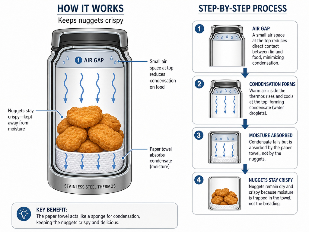 Cross-section diagram showing a paper towel absorbing moisture in a thermos of chicken nuggets.