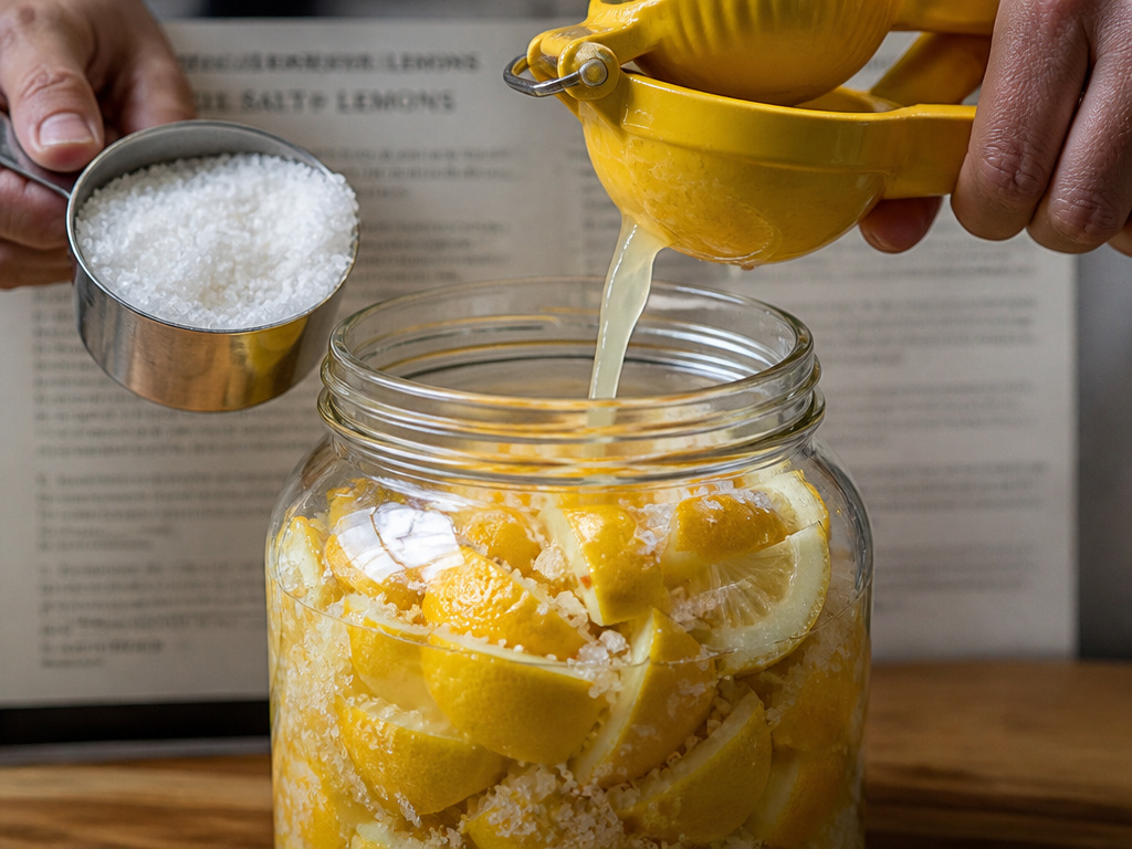 Correct salt and lemon juice ratio for preserving lemons in a jar.