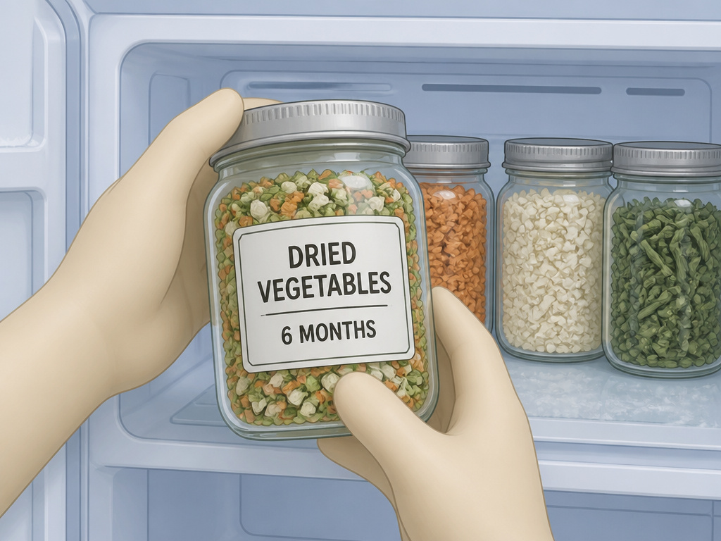 Storing dehydrated vegetables in a labeled jar inside a freezer.