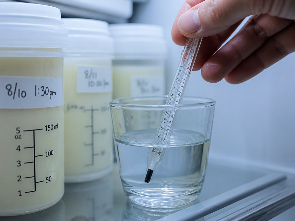Thermometer in glass of water inside a fridge with stored breast milk.
