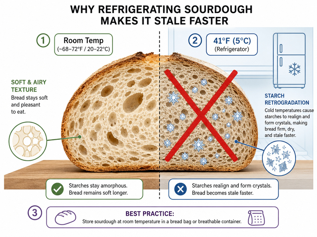 Diagram showing why refrigeration accelerates staling in cut sourdough bread.