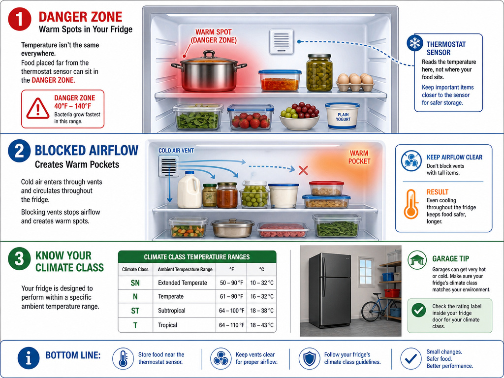 Infographic on fridge temperature zones, blocked airflow, and climate class ratings.
