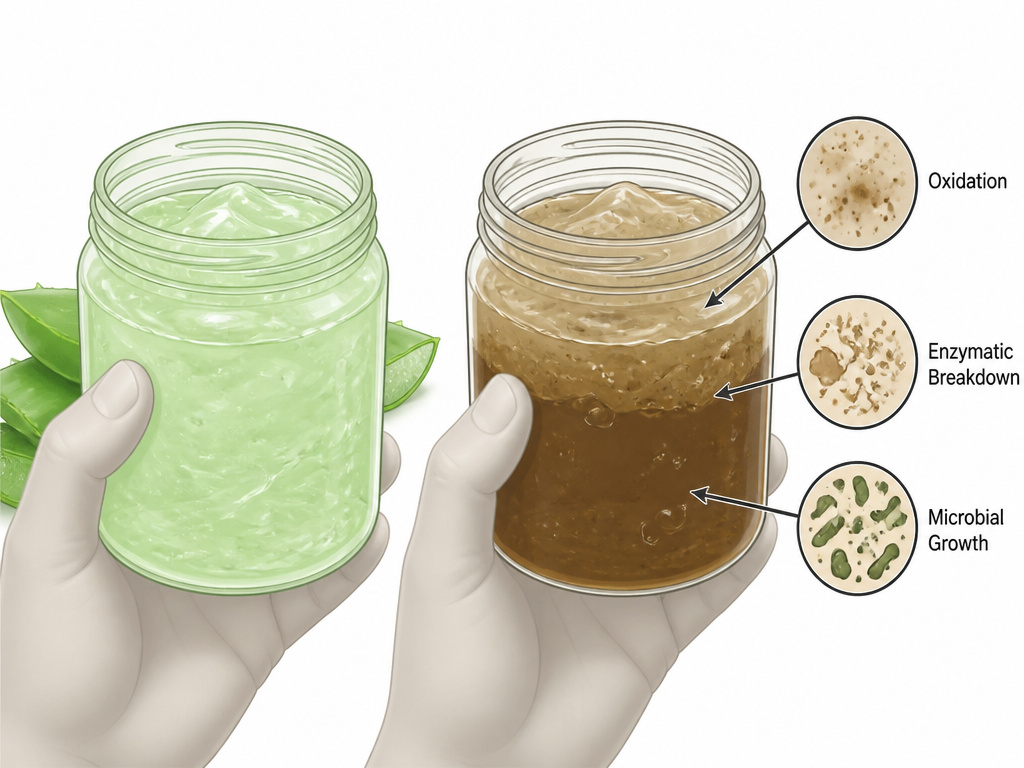 Aloe vera gel spoilage diagram showing oxidation and separation