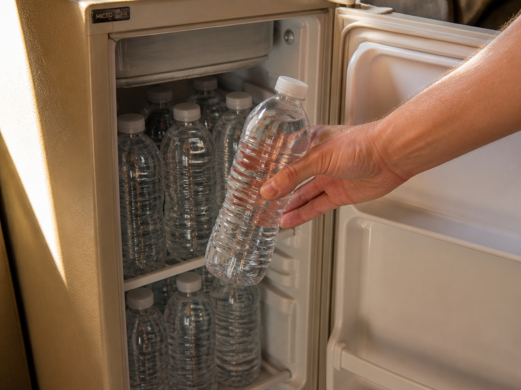 Adding water bottles to a mini-fridge for thermal stability without reliable power.