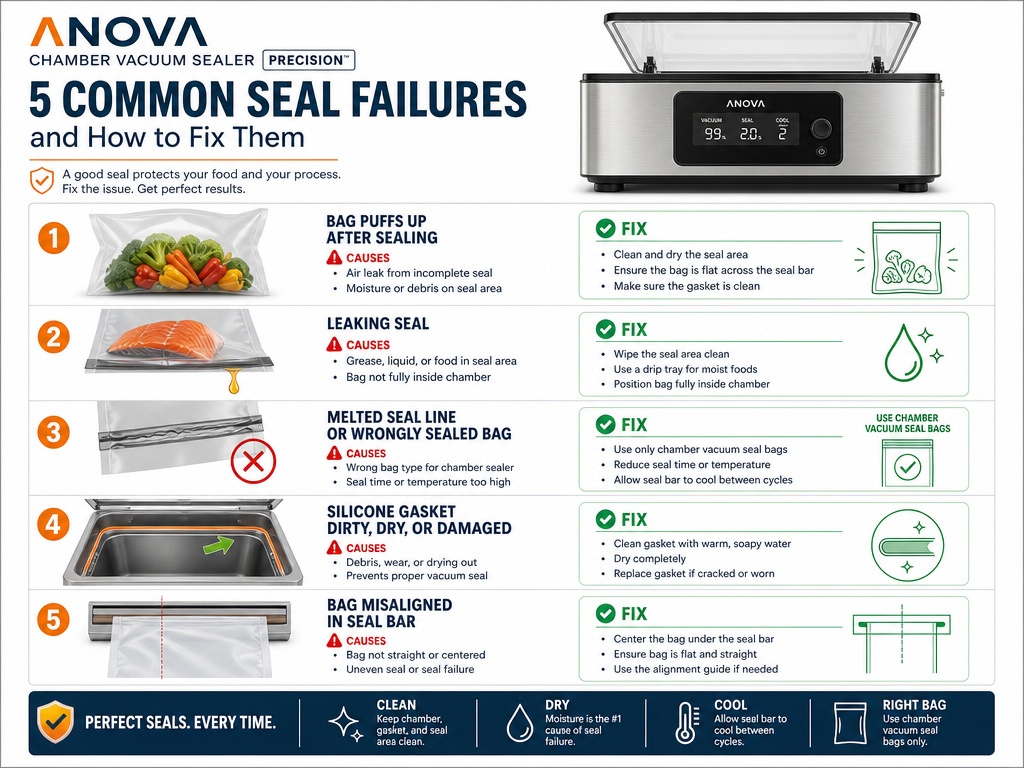 Troubleshooting infographic for Anova vacuum sealer bag seal failures and fixes