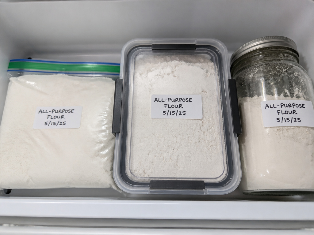Three methods for storing flour in the freezer: bags, containers, and glass jars.