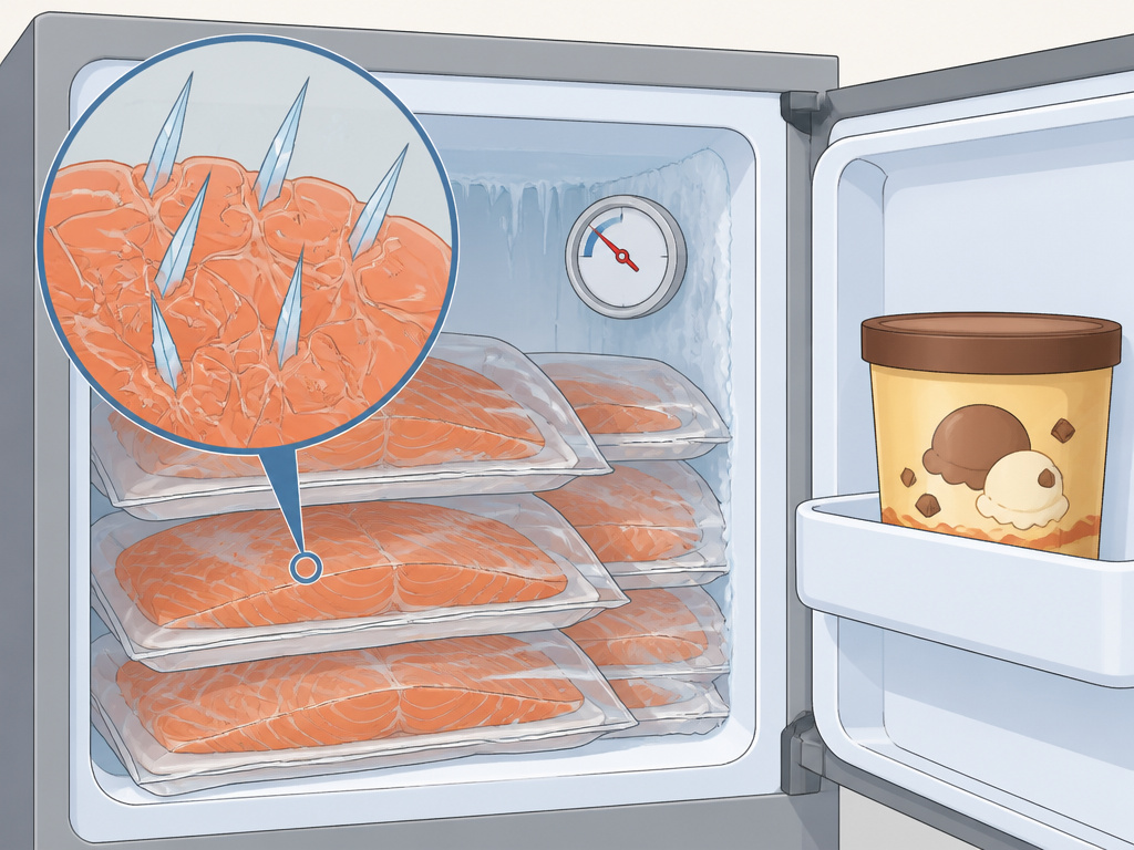 Overloaded freezer with salmon in packaging forming damaging ice crystals