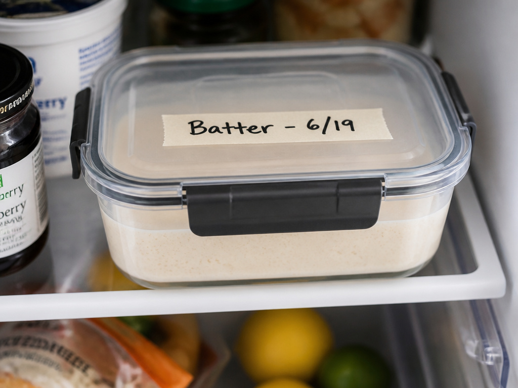 Proper storage of pancake batter in an airtight container on a fridge shelf.