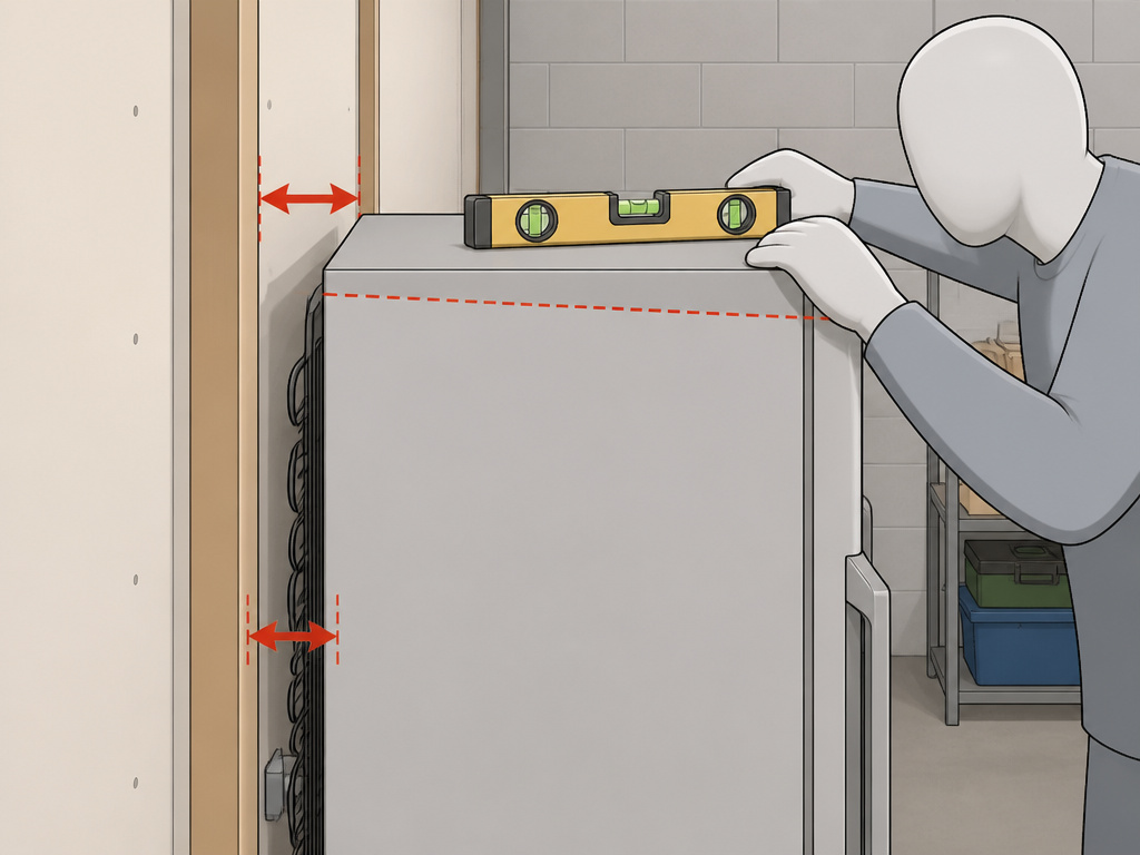 Cartoon diagram showing proper clearance and leveling for a garage refrigerator installation.