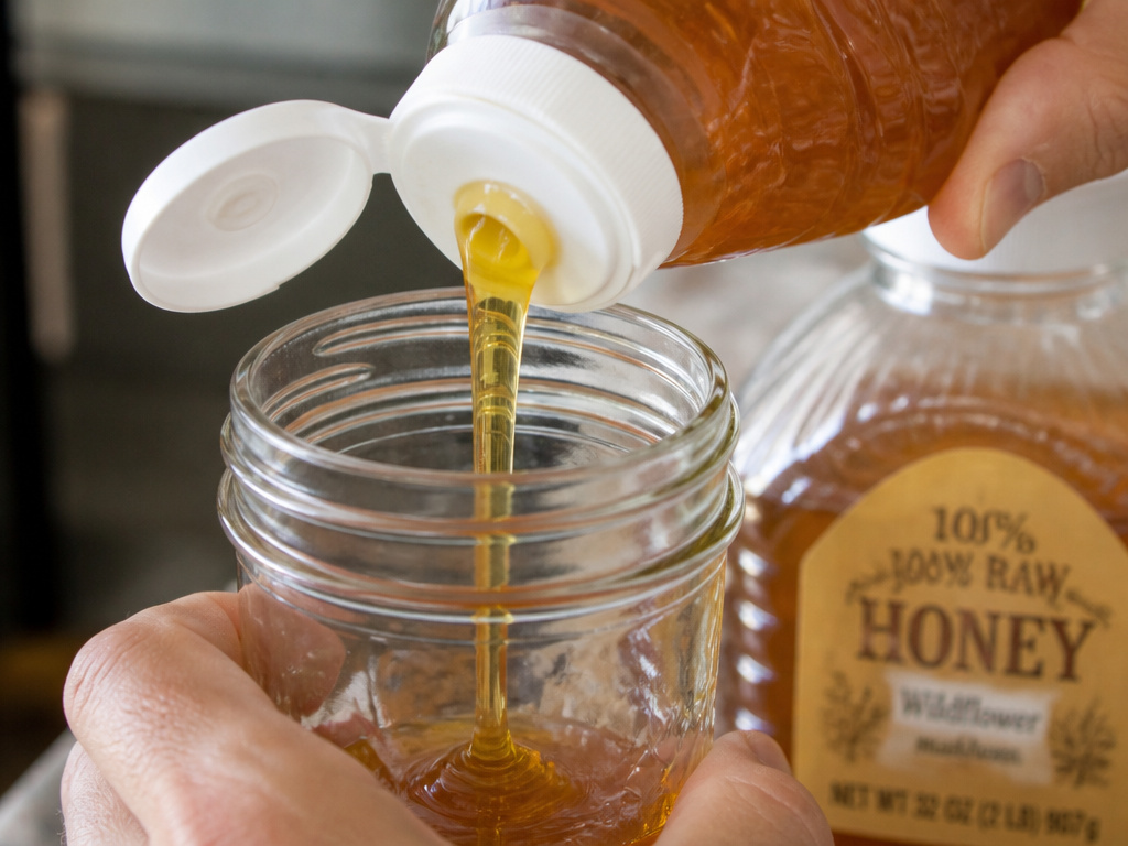 Transferring softened honey from a plastic bottle to a glass jar for storage.
