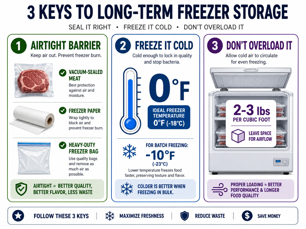 Infographic on preventing freezer burn with packaging, temperature, and loading rules.