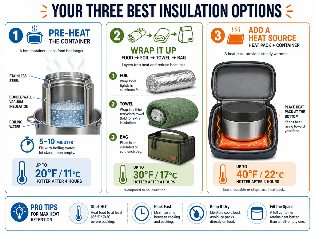 Three methods to keep food warm without a thermos illustrated in an infographic.