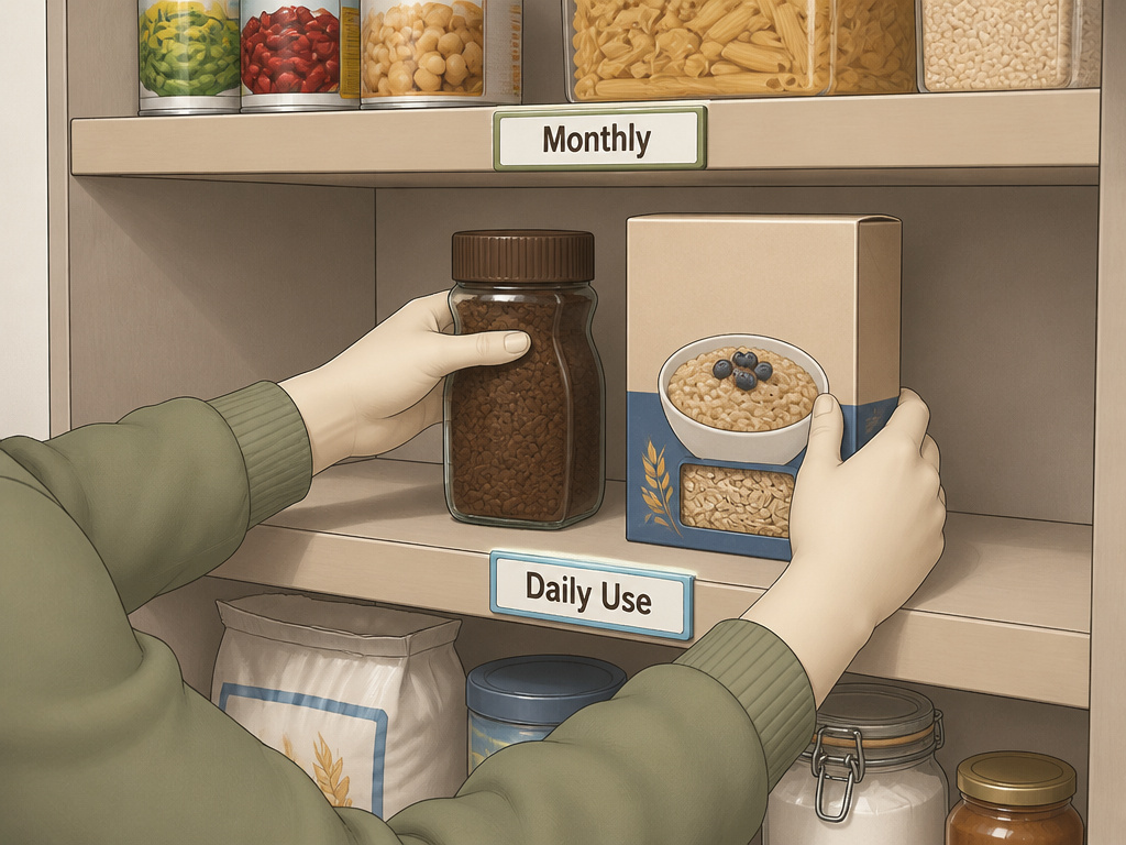 Pantry organization by frequency of use with labeled zones for daily, monthly, and seasonal items.